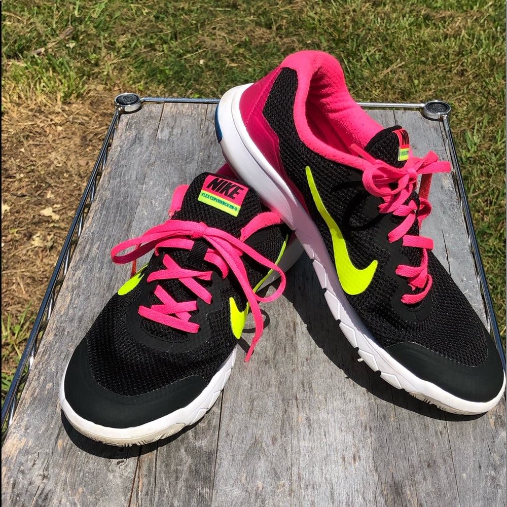 Nike flex experience RN 4 running shoes, size 7 youth. Pink,yellow, black, white